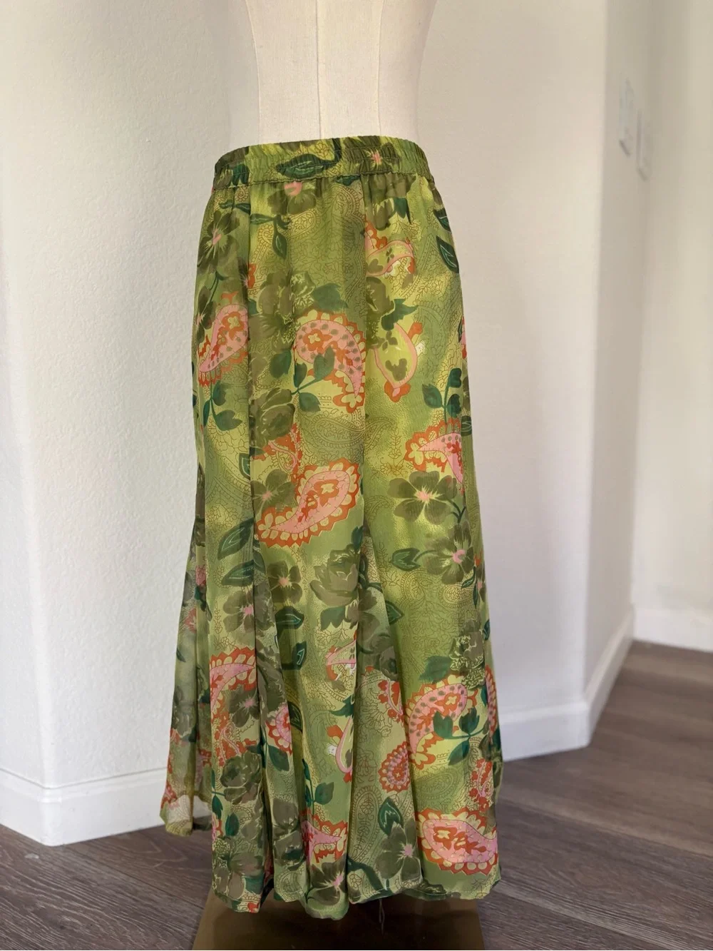 Green Floral Maxi Skirt with Pink Paisley Accents